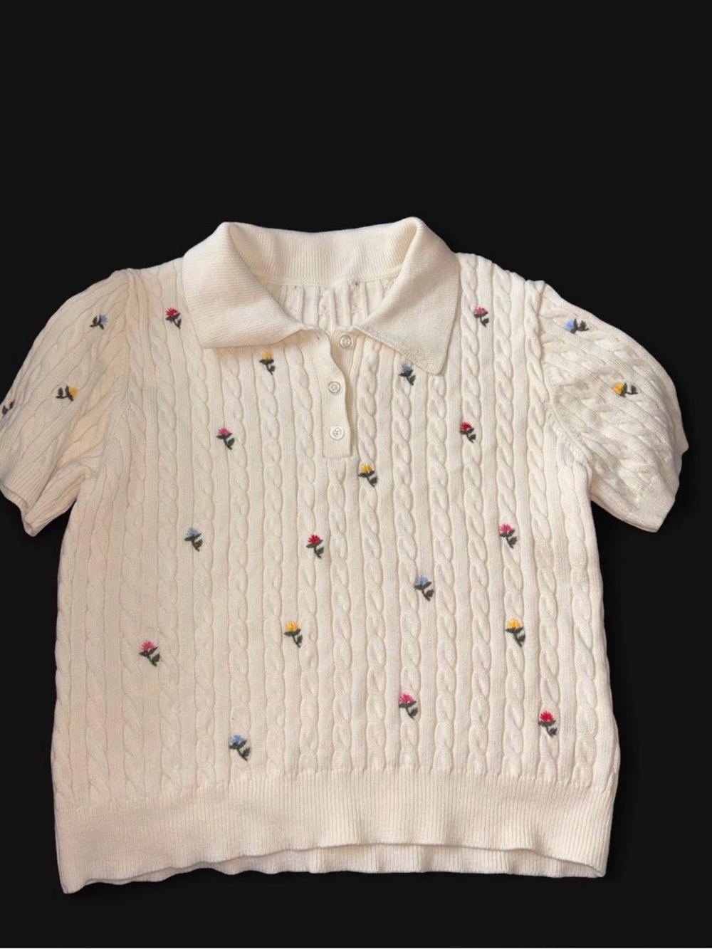Cream cable knit polo shirt with small floral embroidery size S